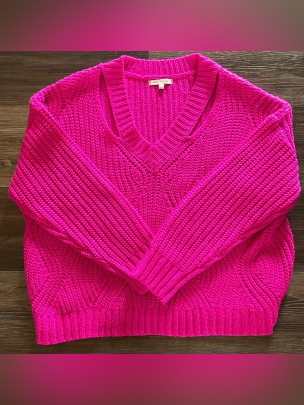 Skies Are Blue Hot Pink Cutout V-Neck Cable Knit Sweater Pullover